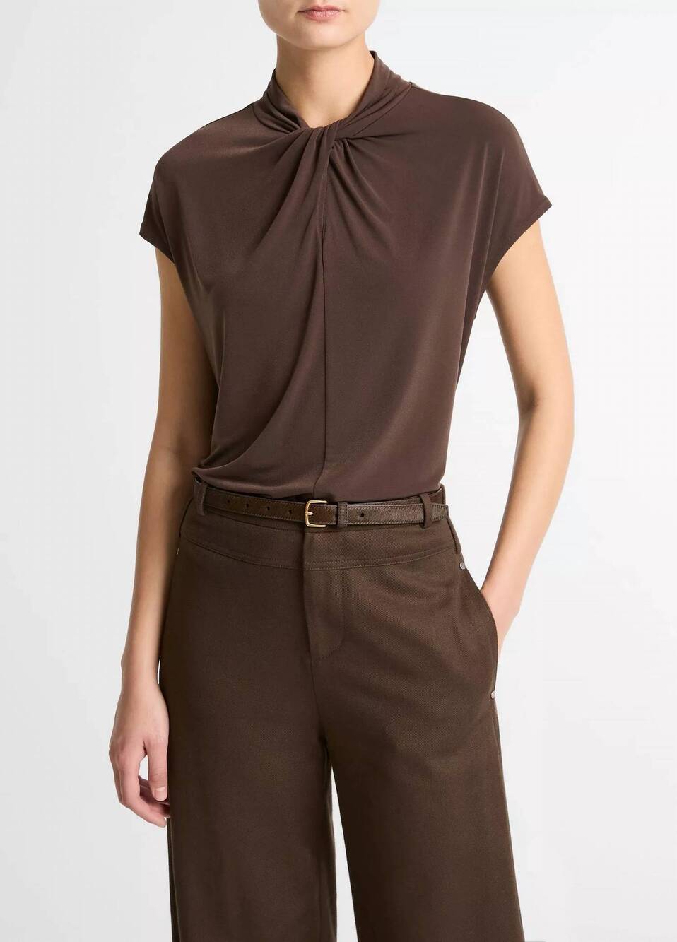 NEW VINCE cap sleeve twist neck top in dark bark
